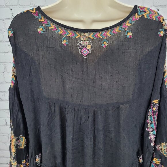 Free People Black Embroidered Long Balloon Sleeve Boho Tunic Top Blouse XS - Picture 10 of 13